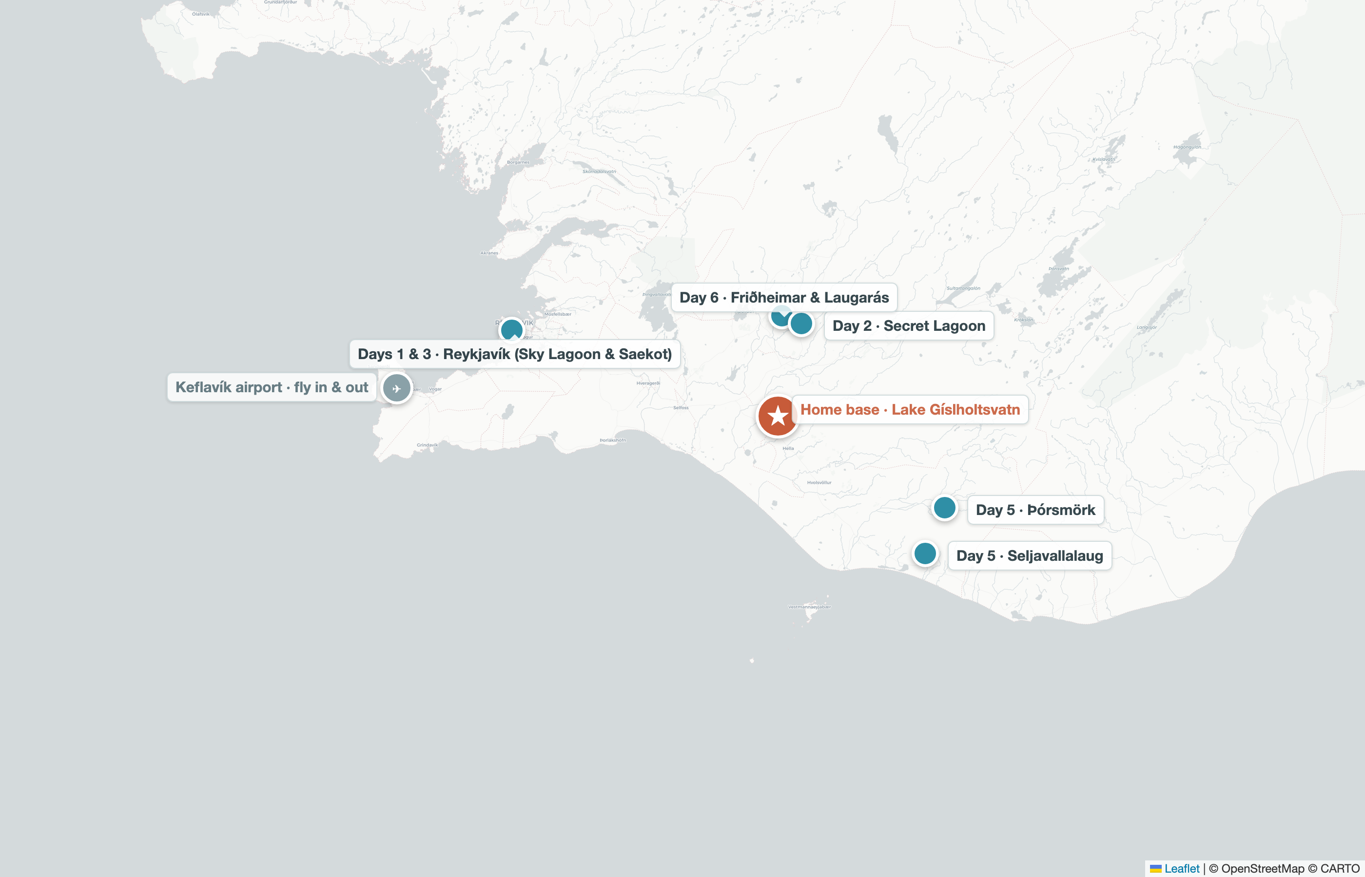 Map of the Iceland Bathing Expedition route through southern Iceland