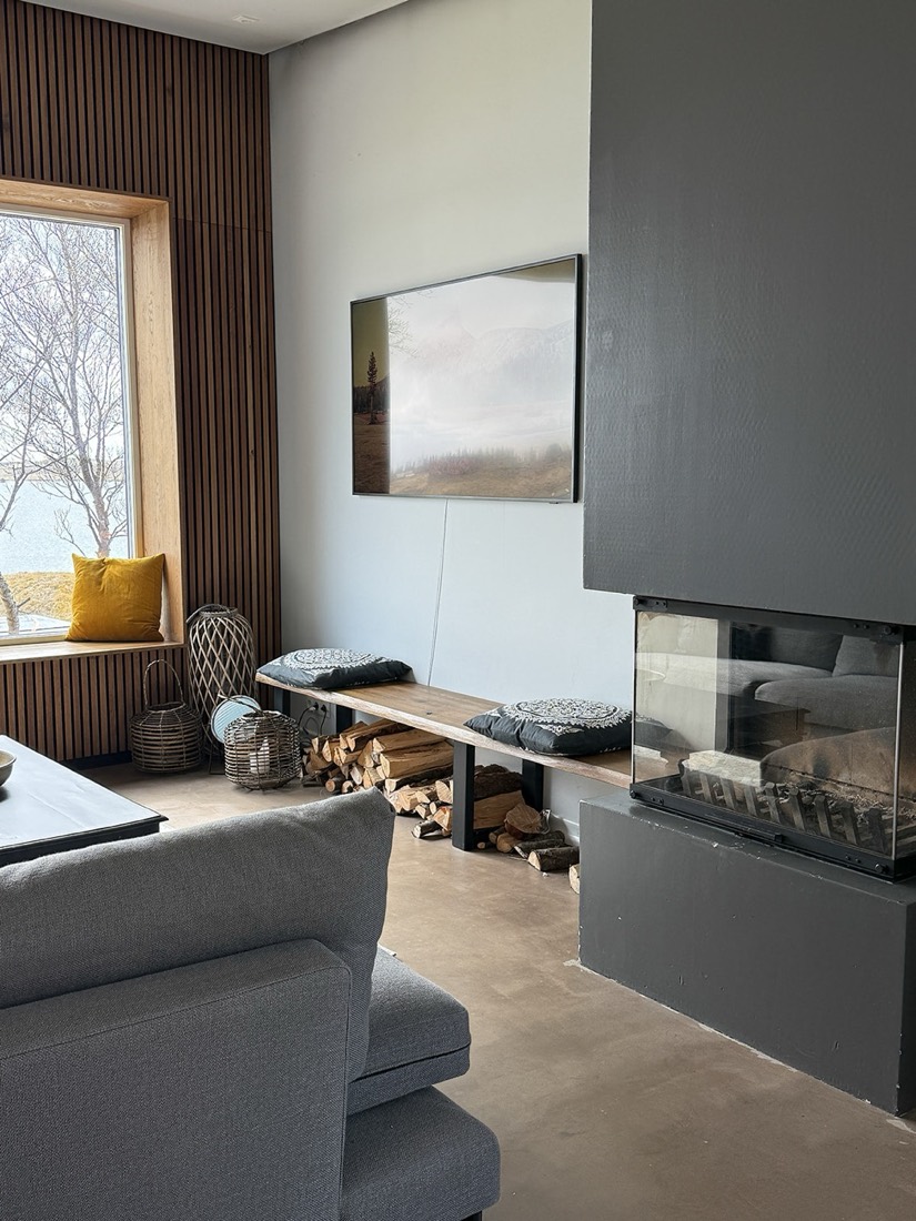 The living room and fireplace